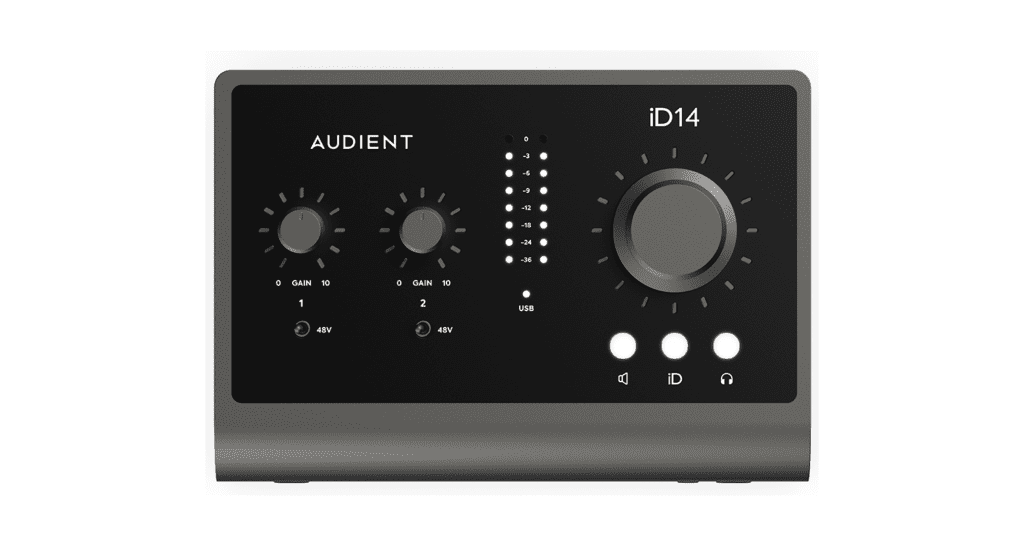 Interfaz de sonido Audient 2i2 con conectores XLR, controles de ganancia y diseño compacto para estudios de grabación y producción musical